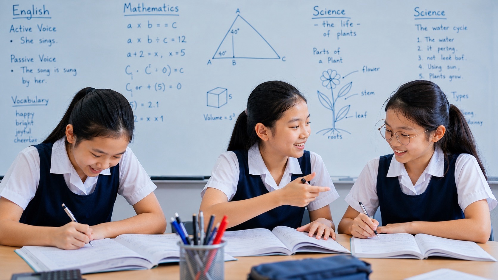 Three primary-school girls in uniform.