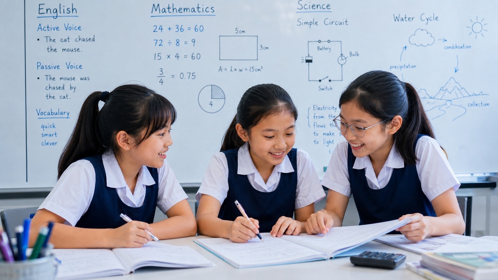 Three primary-school girls in uniform.