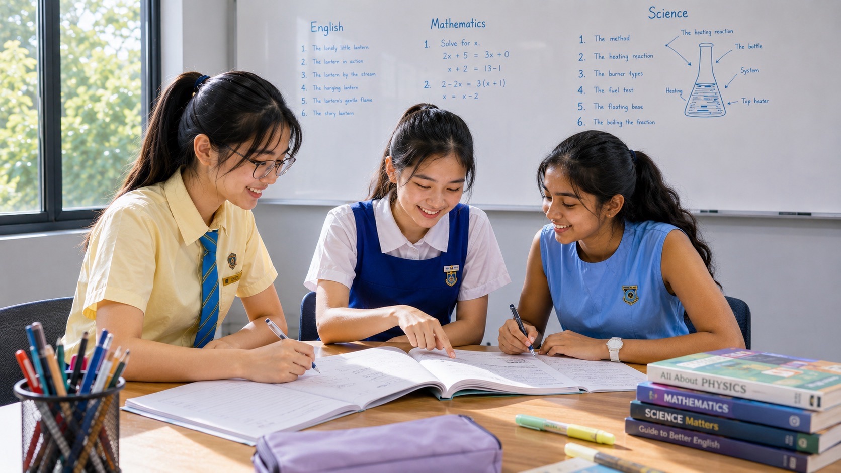 Three learners review open books together at a classroom table, with stacks of textbooks, stationery and a whiteboard in the bright room.