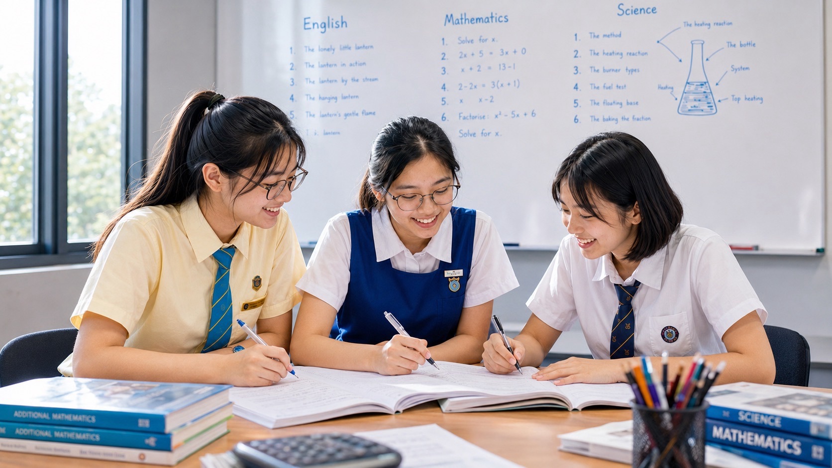 Three students in school uniforms work through open books at a classroom table, with textbooks and stationery nearby and study notes on the whiteboard behind them.
