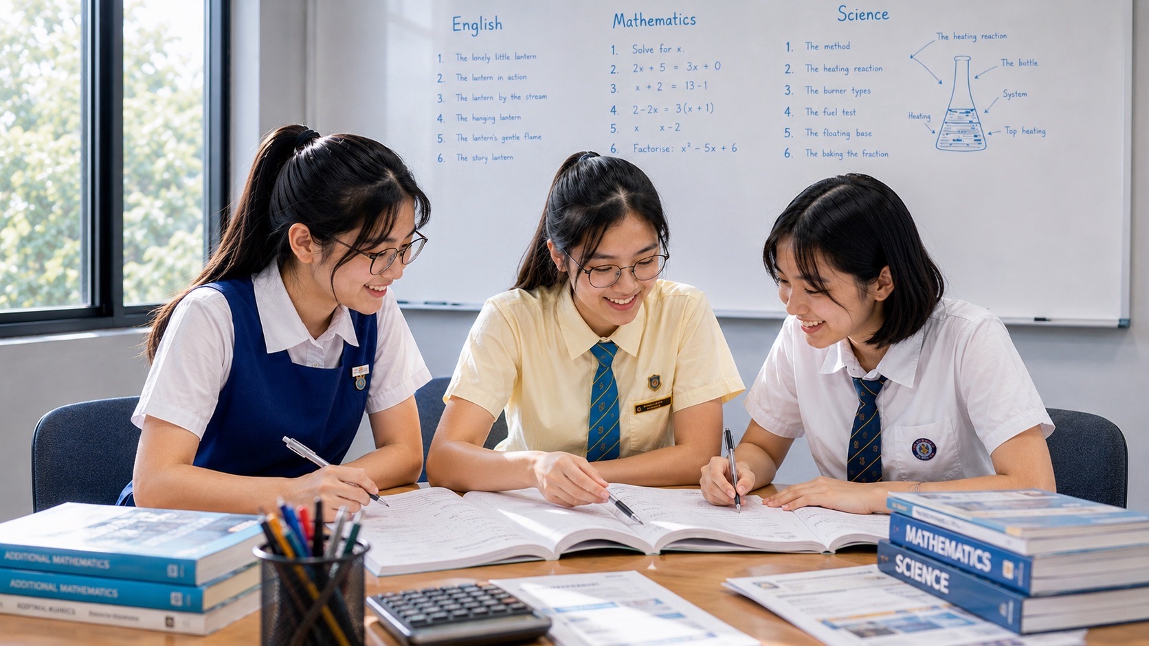 Three students in school uniforms work through open books at a classroom table, with textbooks and stationery nearby and study notes on the whiteboard behind them.